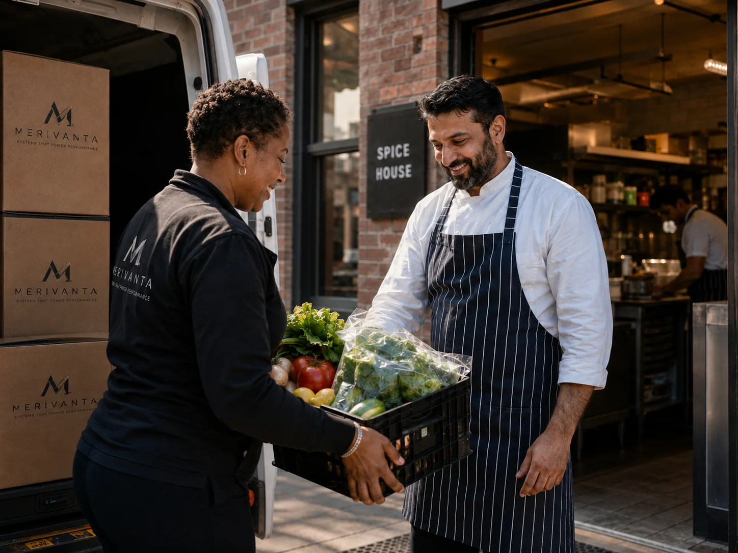 Fresh produce supplier delivering to a restaurant